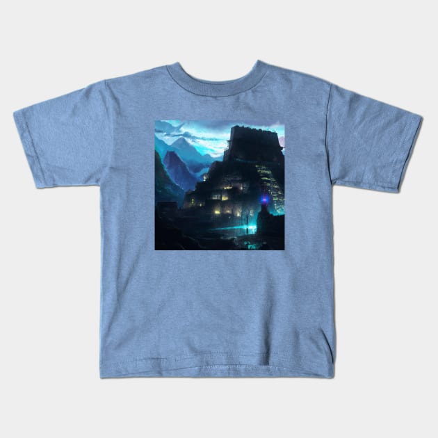 Machu Picchu in a Cyberpunk Future Kids T-Shirt by Star Scrunch